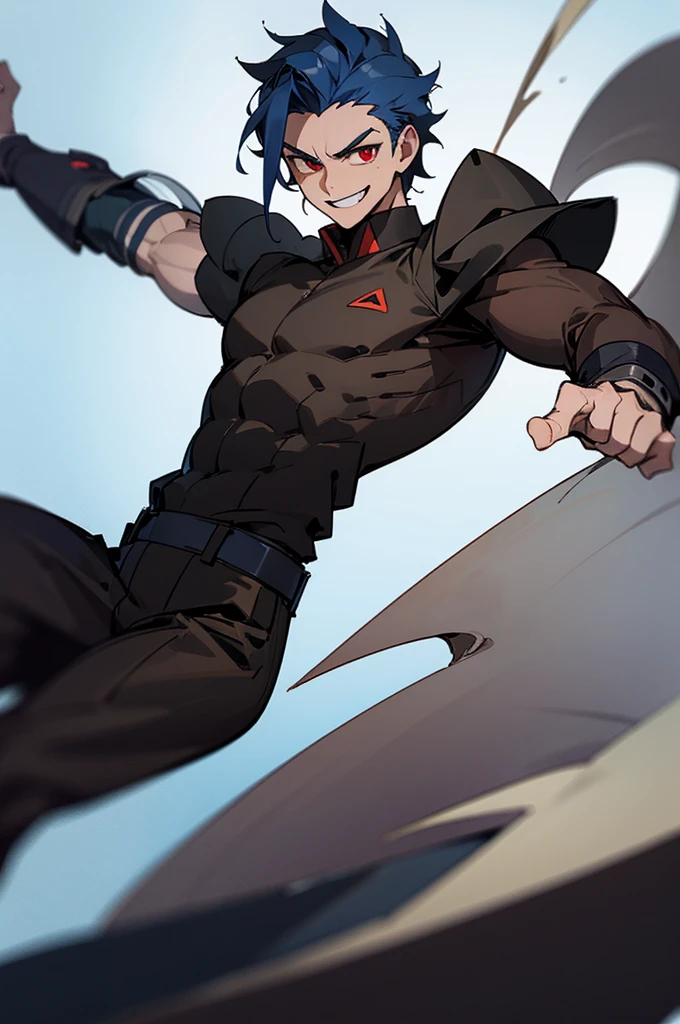 Male, man, masculine, muscular, , uniform, brown and black uniform, excited, fighting stance, high quality, simple background, smiling, sharp eyes, dark red eyes, deep blue hair, fighting position, guy, dude