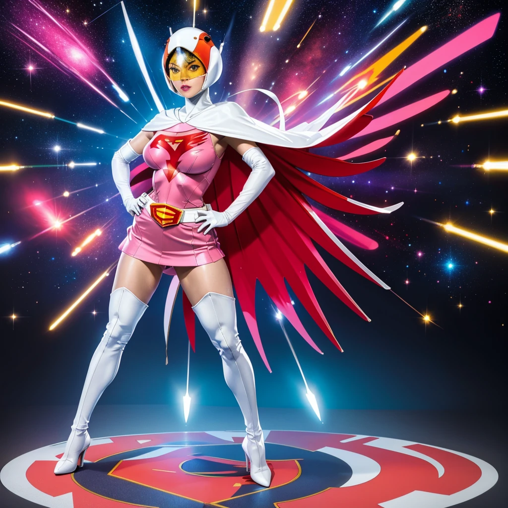 ANI_CLASSIC_jun_gatchaman_ownwaifu,1girl, 15yo,good anatomy, masterpiece, best quality,realistic, hyper realistic, 16k hdr, long hair,breasts,lips,large breasts,lipstick,makeup,gloves,cape,helmet,belt,elbow gloves,white gloves,mask,ultra miniskirt,leotard,spacesuit,white tight overknee highheels boots,pink dress,superhero,bodysuit,cleavage,erected nipples,(stand pose,hands on hip),(spread legs:1.1),cameltoe