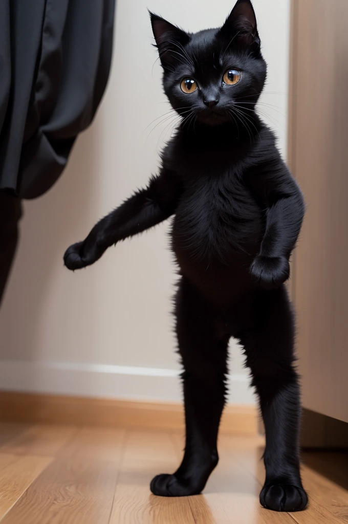 An animated black kitten standing(like a human) he is