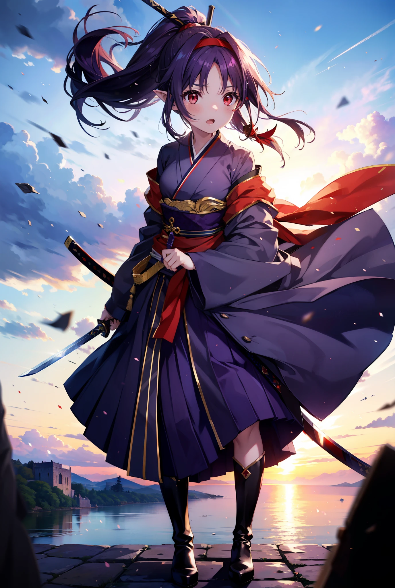 yuukikonno, Yuki Konno, hair band, Long Hair, Pointy Ears,ponytail, Purple Hair, (Red eyes:1.5), (Small breasts:1.2), Open your mouth,Purple kimono,Red long skirt,boots,Hold the sword grip with both hands,Battoujutsu,
break looking at viewer, Upper Body, whole body,
break outdoors, Medieval European streets,
break (masterpiece:1.2), Highest quality, High resolution, unity 8k wallpaper, (shape:0.8), (Narrow and beautiful eyes:1.6), Highly detailed face, Perfect lighting, Extremely detailed CG, (Perfect hands, Perfect Anatomy),