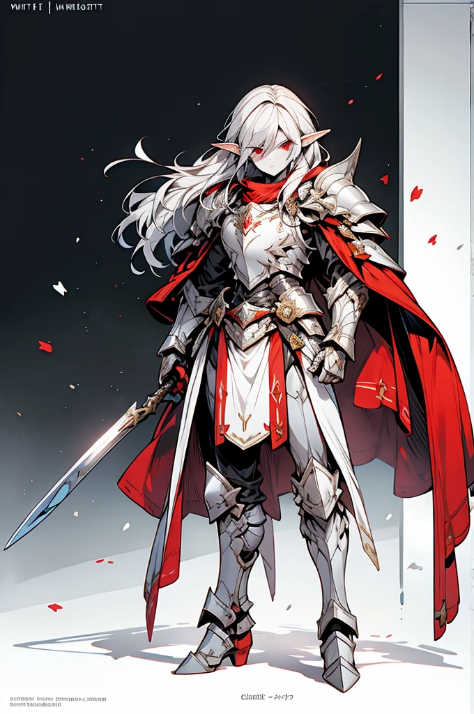 male elf knight, full body art, silver hair, white skin, red iris eye, knight full plate adorned armor, silver cape, perfectly detailed