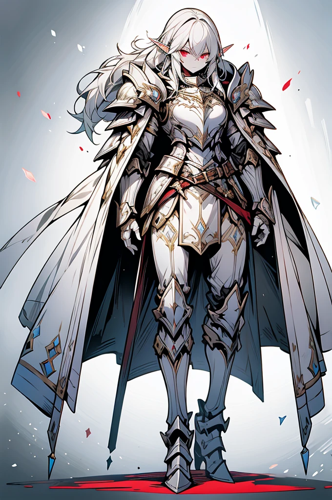 male elf knight, full body art, silver hair, white skin, red iris eye, knight full plate adorned armor, silver cape, perfectly detailed