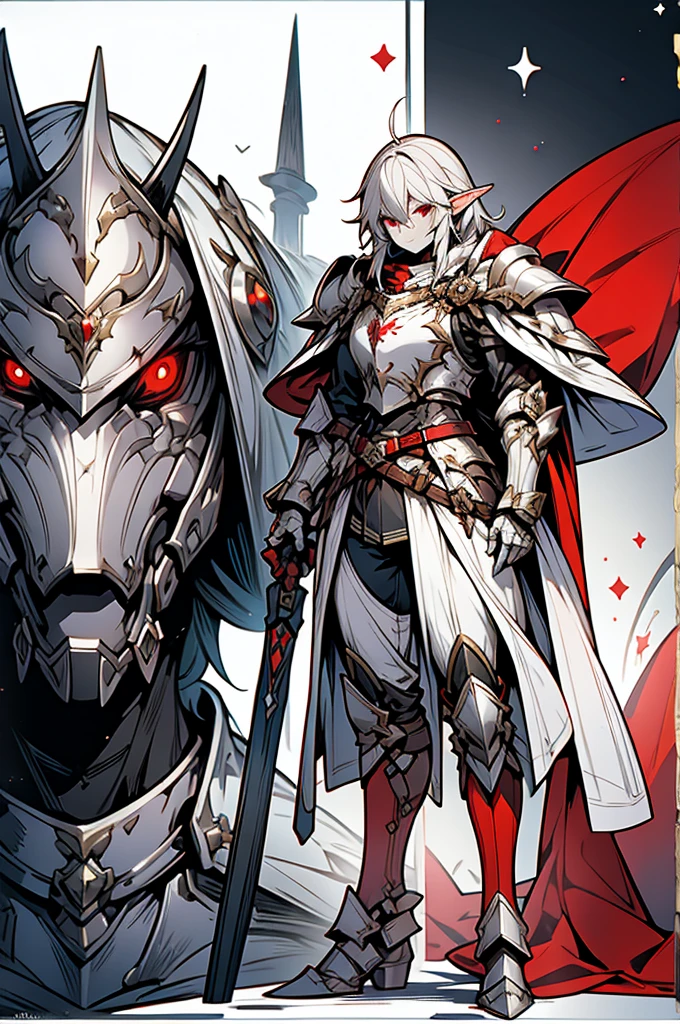 male elf knight, full body art, silver hair, white skin, red iris eye, knight full plate adorned armor, silver cape, perfectly detailed
