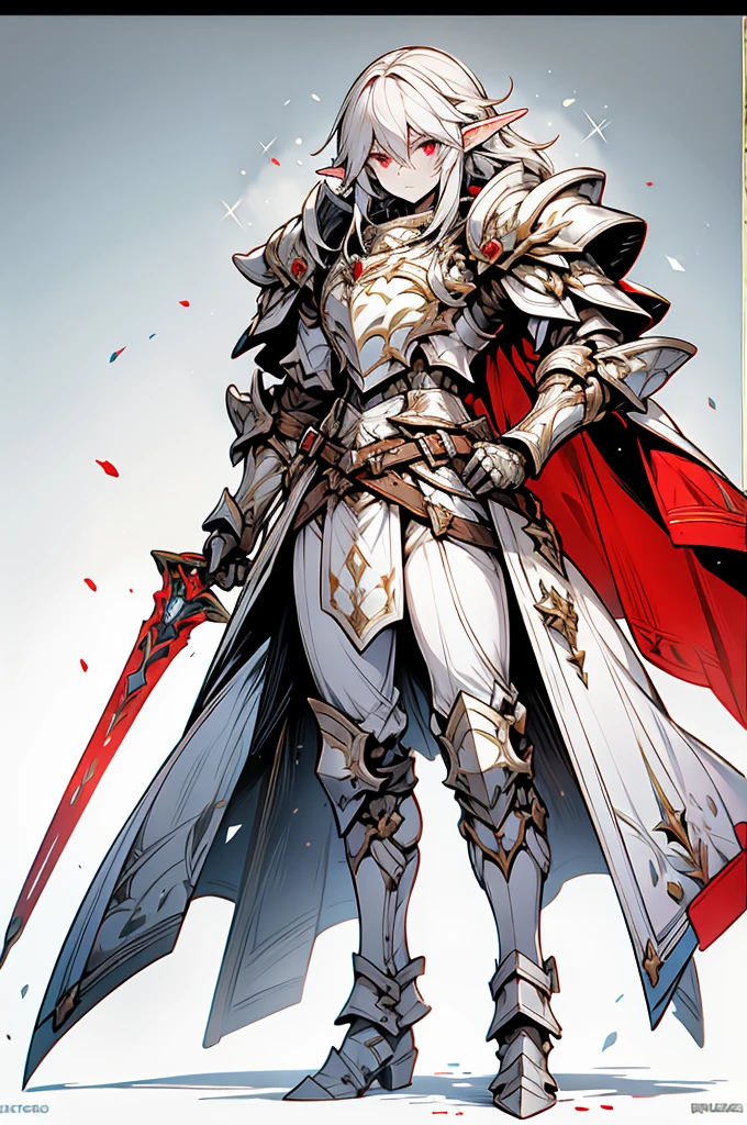 male elf knight, full body art, silver hair, white skin, red iris eye, knight full plate adorned armor, silver cape, perfectly detailed