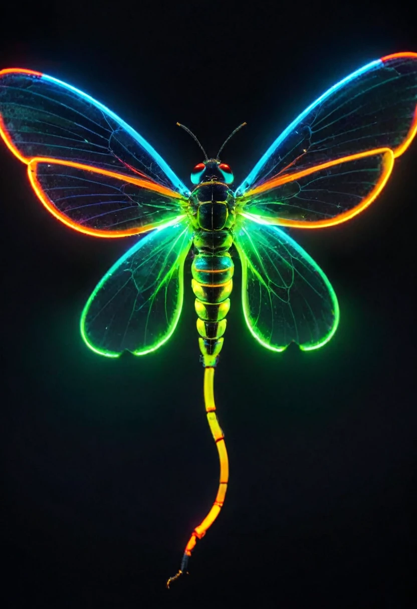 Neon colored insect, spreading its wings to fly.
