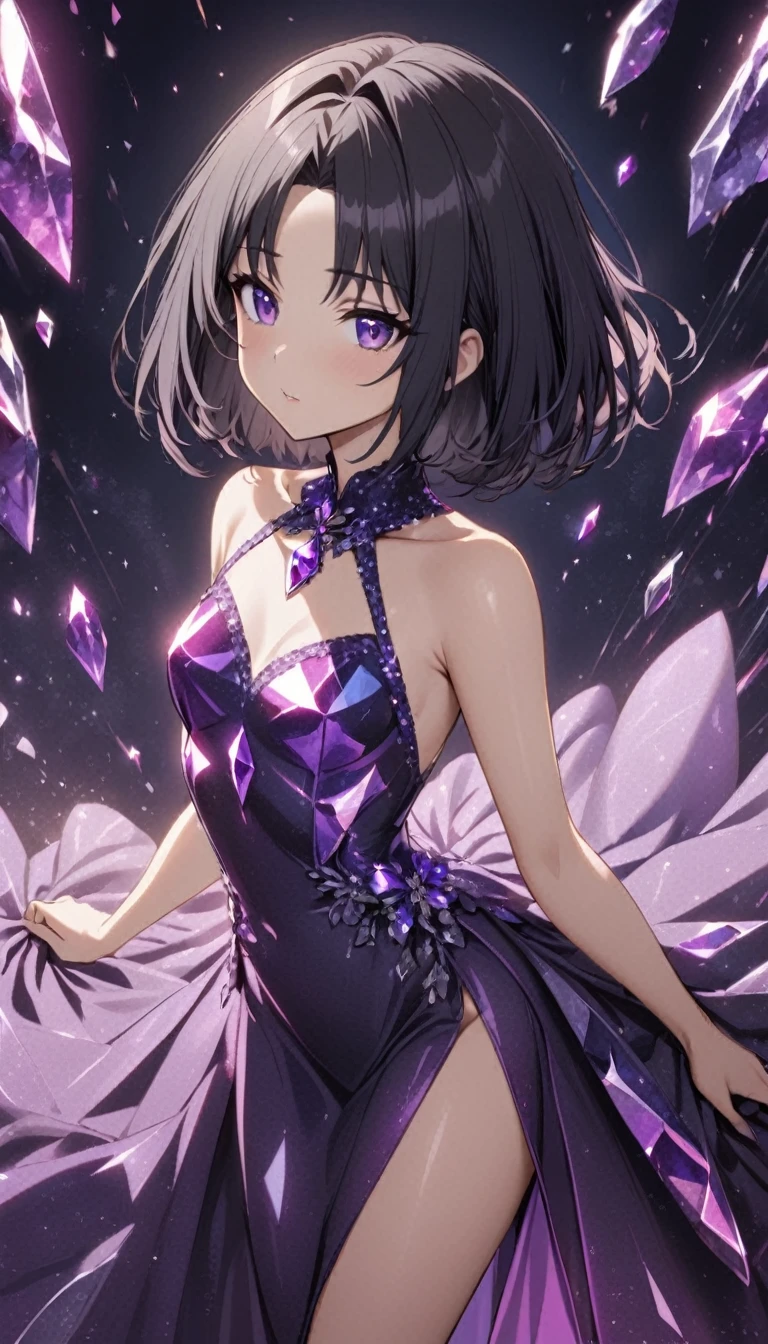 1girl,one length bob cut hair,parted_bangs,black hair,purple eyes,small breasts,amethyst crystalline dress