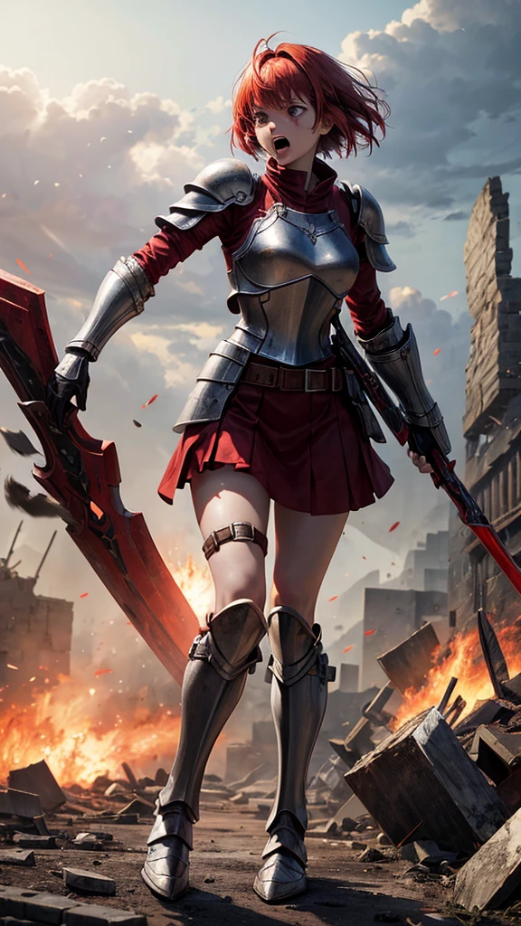 Red-haired girl with short hair wearing partially destroyed silver full-body armor, while screaming wounded wielding a red magic-infused battlefield on a ruined battlefield