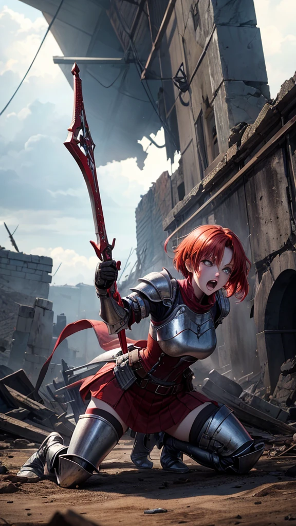 Red-haired girl with short hair wearing partially destroyed silver full-body armor, while screaming wounded wielding a red magic-infused battlefield on a ruined battlefield