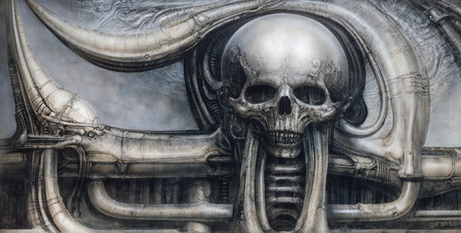 g1g3r, The image is a detailed view of H.R. Giger's \" Landscape XVI \" plate, featuring a complex network of bones and organs in a purple-brown hue ,swirling gray and brown colors. The artwork is silver and purplish brown, with an ivory bones prominently displayed. The image is highly detailed and intricate, almost like a 3d version of a medical diagram
The image is an artistic representation of a mechanical structure with pipes and gears, with a skeletal creature and a windmill blade.


The image depicts a surreal, anatomical illustration of a alien body with a skeleton inside, surrounded by a network of tubes and pipes.

biomechanical landscape by Hans Rudie Giger composed of fossilized and mummified alien life forms. Image depicts a strange and dreamlike, combines biological and mechanical ,managed  to dreamlike quality. Centralized recognizable shapes of skulls, rib cages, and spines, all intertwined with tubes and cables. These shapes suggest fossilized mummified alien life forms. Central skeletal structures and what appears to be a ribcags of ivory in the foreground are the most identifiable organic elements. The mechanical elements are evident in the wires and tubes emanating from the skeletals, as well as the smooth metallic tubes. In the background shapes are visible that could be interpreted as other fossilized or mummified alien life.
Light source from the top highlights skeletals, upper part of foreground, lower part of image is in shadow.


The piece is a tableau, most likely created with a India ink pen or pencil on paper, determined by the thin lines, shading techniques, and the texture of the paper, which is visible around the edges.
used is pen, given the shading and variations in line weight visible in the image. One have used a variety of pencils with different degrees of hardness to achieve the shading effects

The style  is clearly biomechanical. Features combination of organic and mechanical forms. Mechanical elements dominate the composition