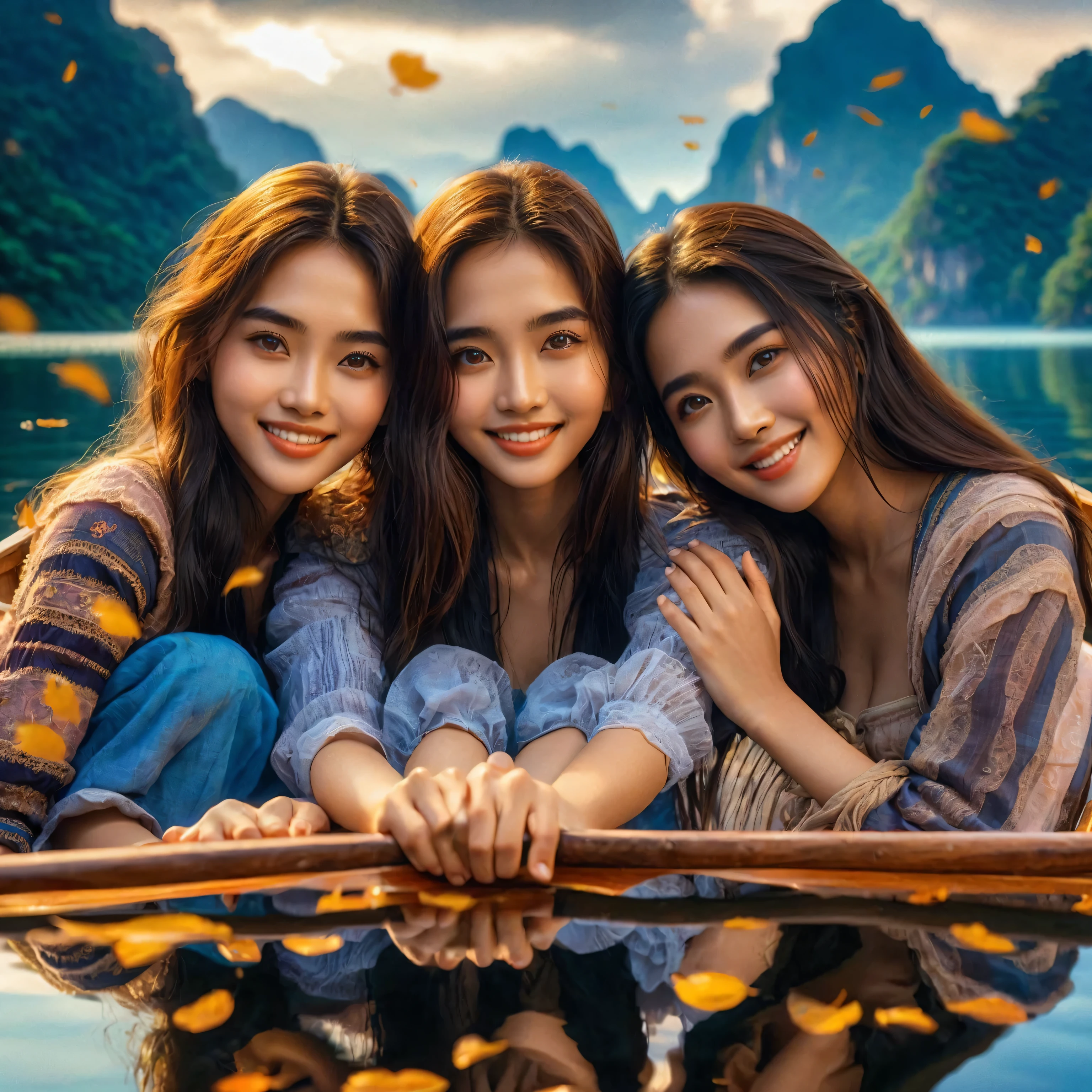 friendship movie poster, stunning surreal depiction design, focus on faces, three beautiful young Thai women with long hair, wearing rustic clothes, harmonious friendship, they are happy, smiling, they are in a wooden boat rowing on a paradise lake beautiful with reflection, perfect face, hands and feet, stunning view of the lake and hills of paradise, blue sky, falling leaves, looks like a movie, Taken using Sony Alpha α7CR, UHD 1536px, high quality.