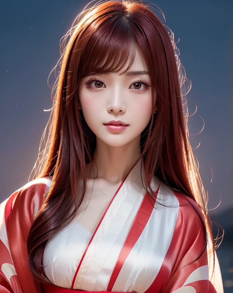 (Highest quality, 32k, High resolution, Masterpiece:1.5, ), marimo_jet, god々A photograph with brilliant dazzling and healing power., Evoking a sense of calm and elusive beauty, Expressing emotions, Have a rich imagination,Beautiful Japanese Girls, An exceptionally beautiful face, Small Face Beauty, Perfect Human Anatomy, Magical big eyes, Motherhood and generosity, Deep Love, fleeting smile, ((shiny red hair:1.1)), ((Super Long Straight Silk Hair)), Asymmetrical bangs, Hair between the eyes, Transparent, soft white skin, Sharp eyebrows, Thin lashes, Natural Makeup, Cheek highlighter, Pale pink detailed lips, , ((Red kimono:1.5)), ((Crescent moon night sky background:1.2)), Slim figure with ample breasts, ((Detailed night sky background:1.3)), moonlight, Professional Lighting, Professional photographer, Professional models, god秘的