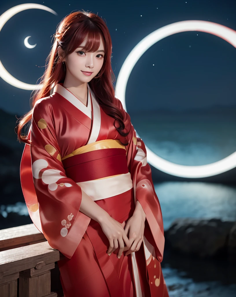 (Highest quality, 32k, High resolution, Masterpiece:1.5, ), marimo_jet, god々A photograph with brilliant dazzling and healing power., Evoking a sense of calm and elusive beauty, Expressing emotions, Have a rich imagination,Beautiful Japanese Girls, An exceptionally beautiful face, Small Face Beauty, Perfect Human Anatomy, Magical big eyes, Motherhood and generosity, Deep Love, fleeting smile, ((shiny red hair:1.1)), ((Super Long Straight Silk Hair)), Asymmetrical bangs, Hair between the eyes, Transparent, soft white skin, Sharp eyebrows, Thin lashes, Natural Makeup, Cheek highlighter, Pale pink detailed lips, , ((Red kimono:1.5)), ((Crescent moon night sky background:1.2)), Slim figure with ample breasts, ((Detailed night sky background:1.3)), moonlight, Professional Lighting, Professional photographer, Professional models, god秘的