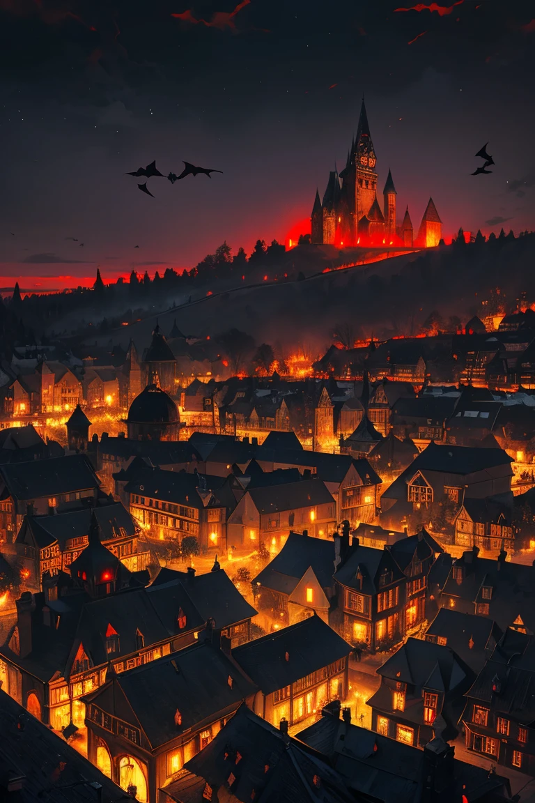 old European village shot with bird view, (Red glowing eyes), masterpiece, Depth of written boundary, Lutz, Gwaites style artwork, Gothic aesthetics, Dark Vampire village, ((in the dark gothic style cathle:1)), ((dark mid-night time:1.5)),