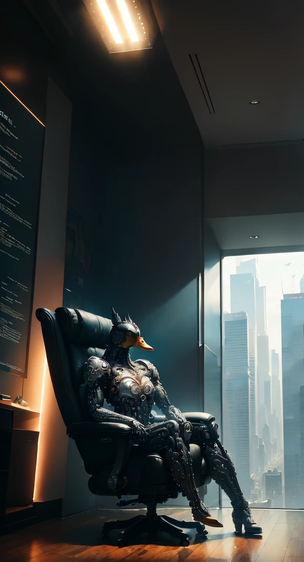a skyscraper office in the big city, the cyborg duck sits in a luxurious chair, heavy man boots, high quality, absurdres, masterpiece, beautiful, intricate details, 1/2 body crop, slim body, beautiful figure, magnificent anatomy, (intricate details:1.12), HDR, (intricate details, hyper-detailing:1.15), (natural skin textures, hyper realisitc, soft light, Sharp:1.2)