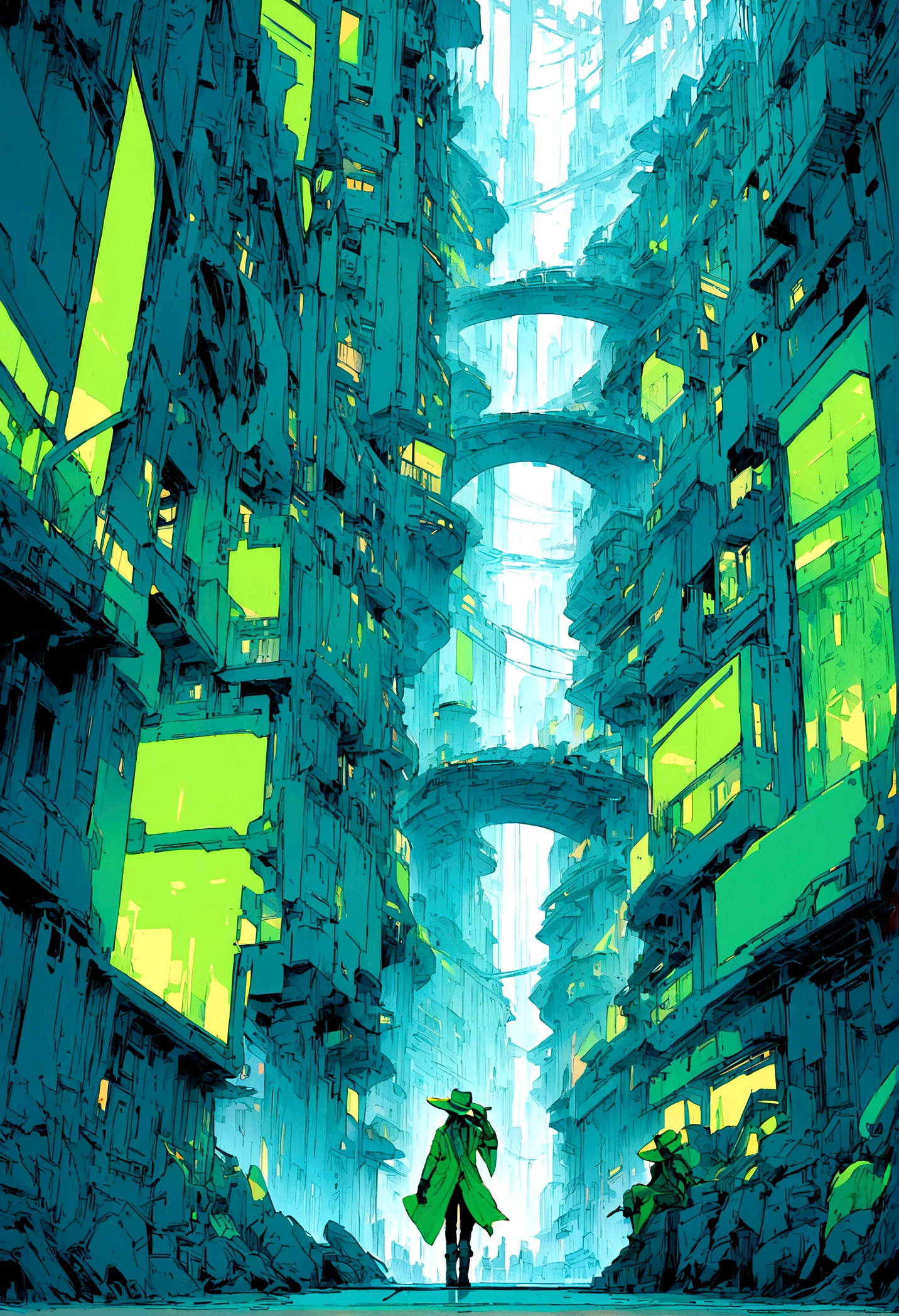neon cyan city with hunter with a cowboy hat and a lime-colored revolutionary hat