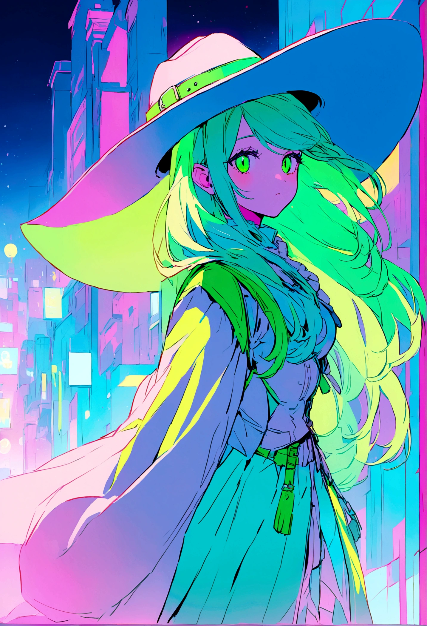 neon cyan city with hunter with a cowboy hat and a lime-colored revolutionary hat