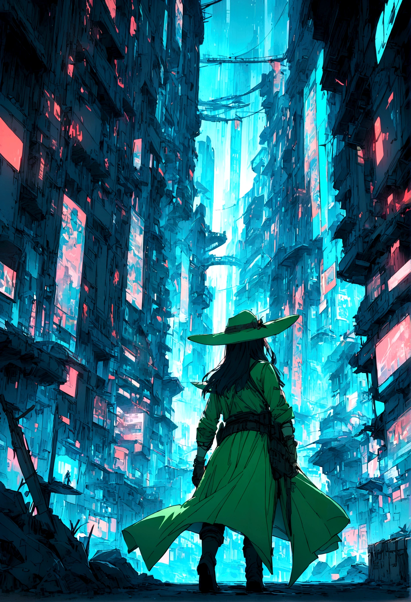neon cyan city with hunter with a cowboy hat and a lime-colored revolutionary hat