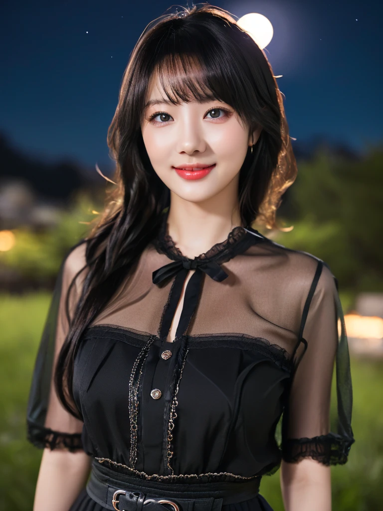 (a gorgeous japanese lady, Age 18, wearing a translucent black fashion dress, natural pose under night sky, soft natural moonlight shines, slender figure with ample round bosom, fair skin, beautiful detailed face, detailed eyes, alluring smile, aegyo dimples, kawaii snaggle-tooth,(best quality,8K,highres,masterpiece:1.2),ultra-detailed,(realistic,photorealistic,photo-realistic:1.37),HDR,uhd,vivid colors,studio lighting,extremely detailed,professional, high camera angle, camera focused on bosom, bokeh night background)