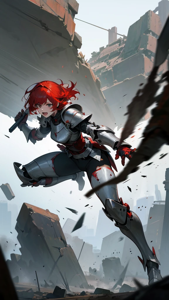 Red-haired girl with short hair wearing partially destroyed silver full-body armor, while screaming wounded wielding a red magic-infused battlefield on a ruined battlefield