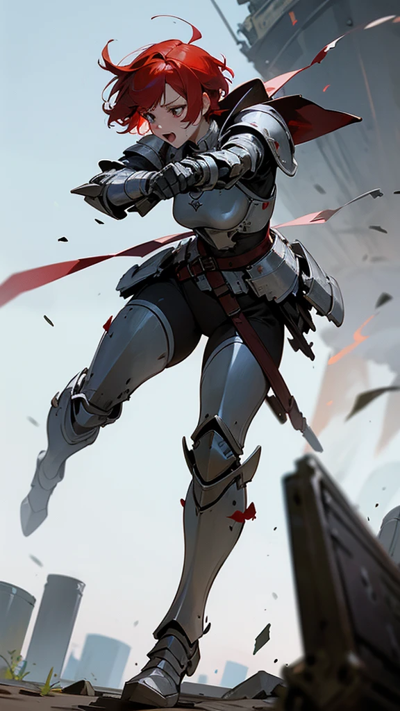 Red-haired girl with short hair wearing partially destroyed silver full-body armor, while screaming wounded wielding a red magic-infused battlefield on a ruined battlefield