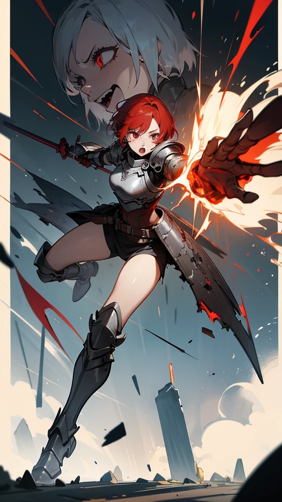Red-haired girl with short hair wearing partially destroyed silver full-body armor, while screaming wounded wielding a red magic-infused battlefield on a ruined battlefield