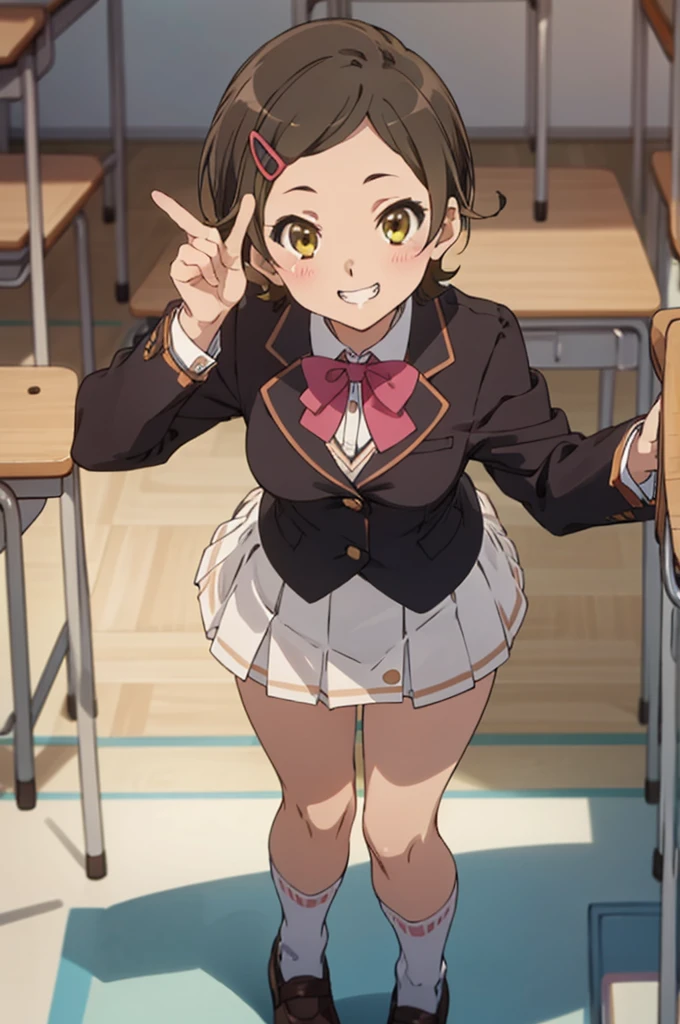 solo, 1girl, , hazuki katou,.,looking viewer ,grin,medium breasts,classroom,blazer,miniskirt,socks,standing,(viewer from direct below)
