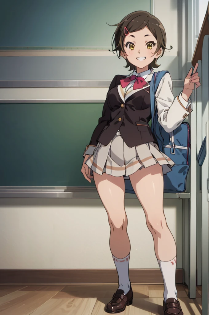solo, 1girl, , hazuki katou,.,looking viewer ,grin,medium breasts,classroom,blazer,miniskirt,socks,standing,(viewer from direct below)