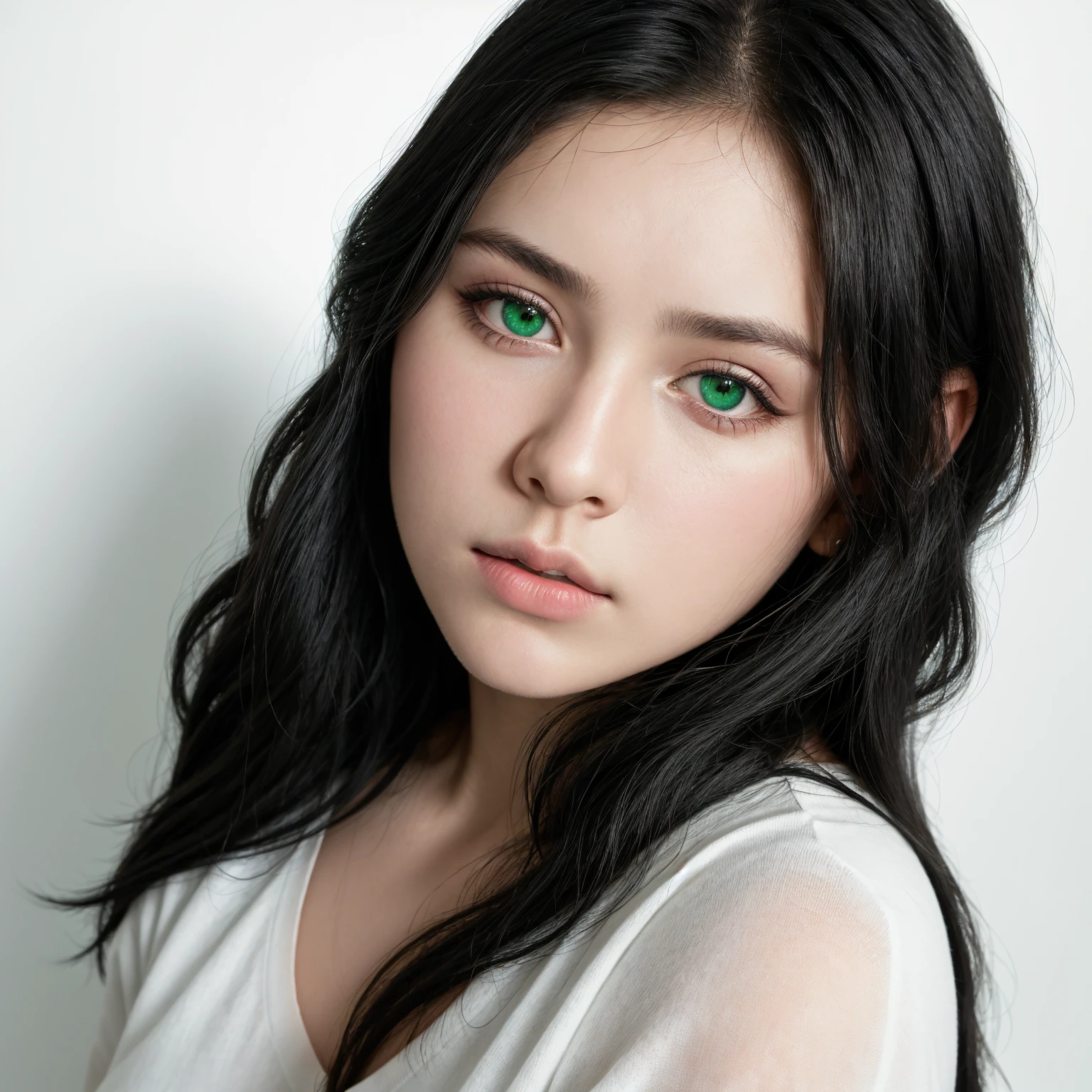 front view, looking at camera, RAW photo, ((black shirt: 1.2)), ((portrait)), beautiful black hair, 30 year old woman, green eyes, perfect eyes, ((white background: 1.2)), studio lighting, high quality, film grain, Fujifilm XT3, centered