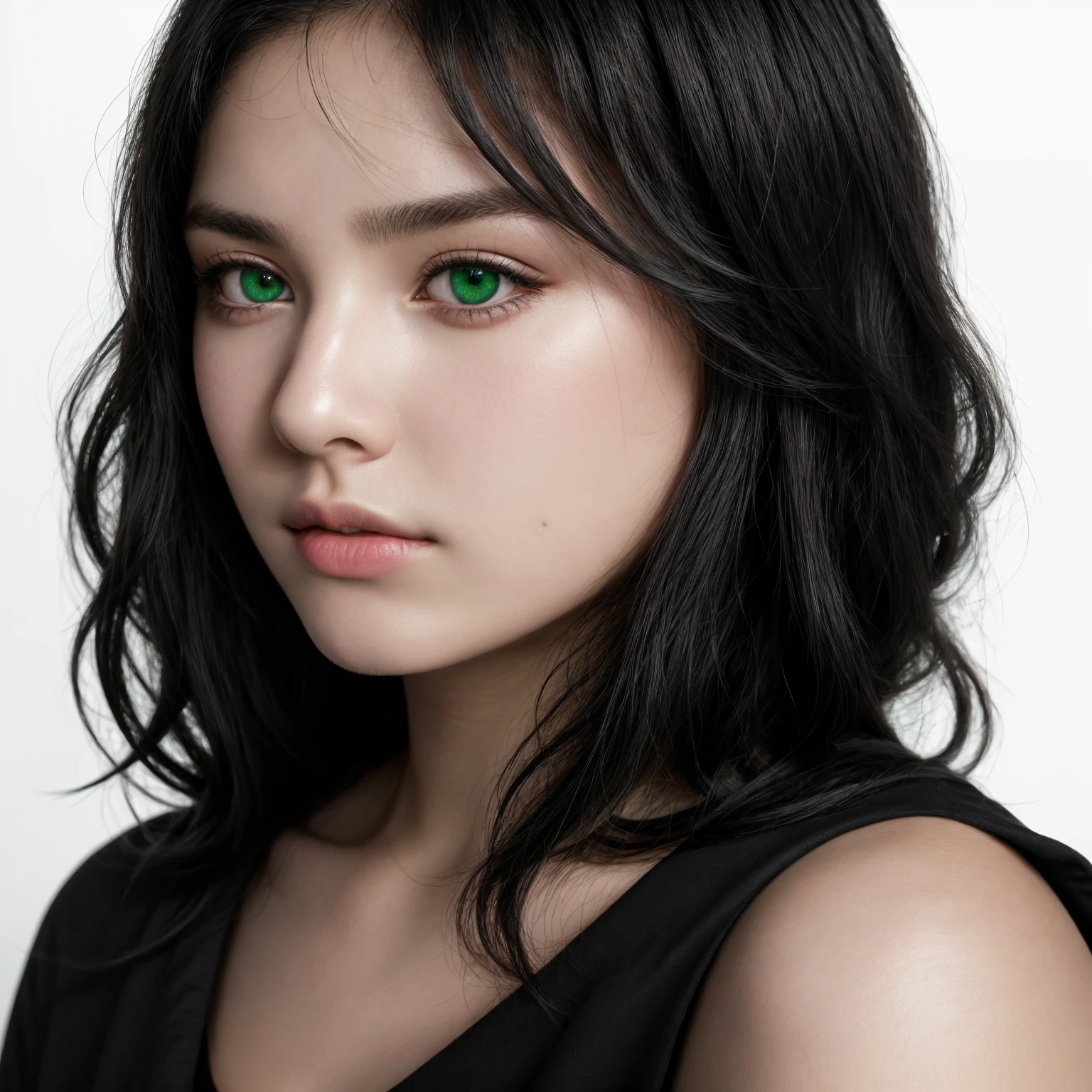front view, looking at camera, RAW photo, ((black shirt: 1.2)), ((portrait)), beautiful black hair, 30 year old woman, green eyes, perfect eyes, ((white background: 1.2)), studio lighting, high quality, film grain, Fujifilm XT3, centered