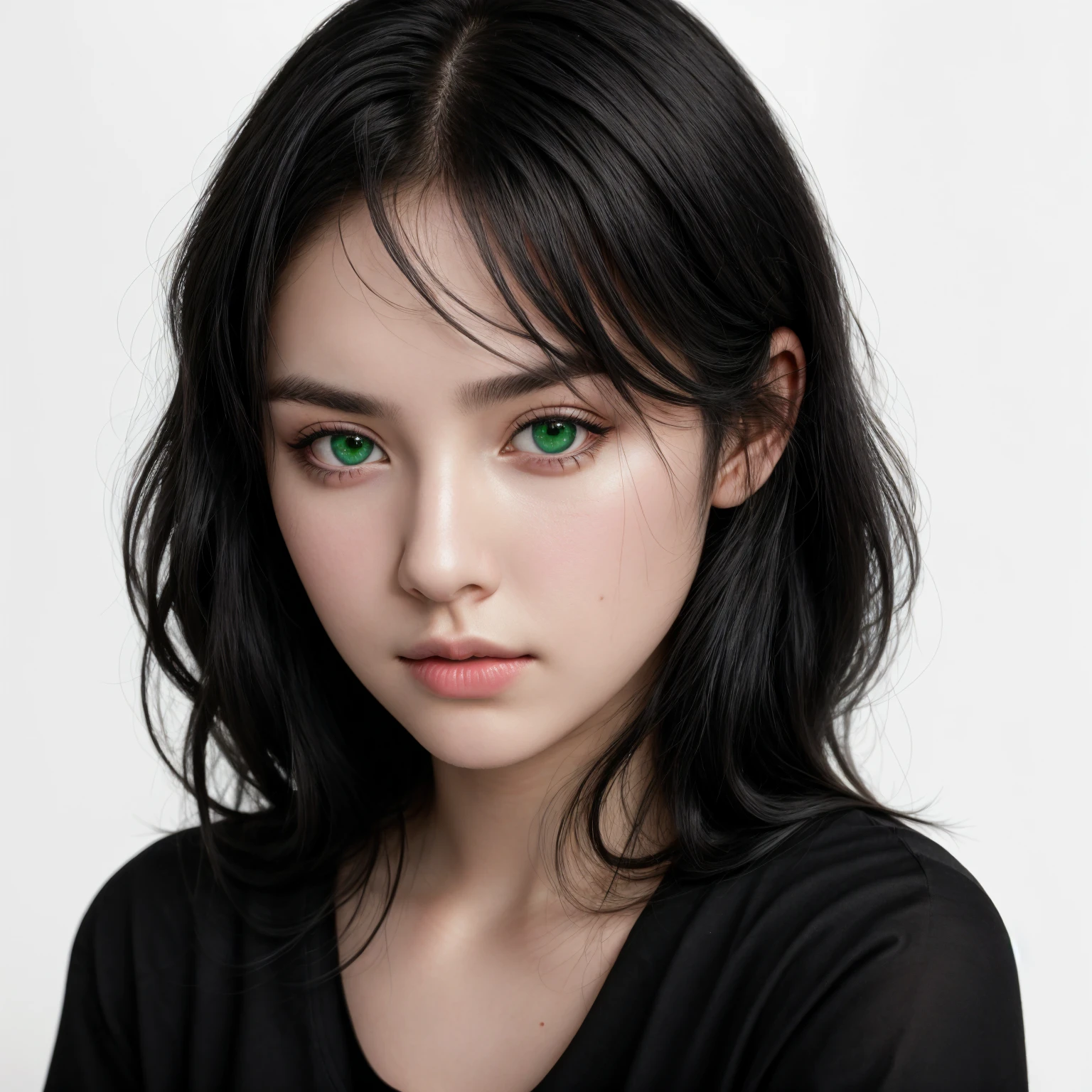 front view, looking at camera, RAW photo, ((black shirt: 1.2)), ((portrait)), beautiful black hair, 30 year old woman, green eyes, perfect eyes, ((white background: 1.2)), studio lighting, high quality, film grain, Fujifilm XT3, centered