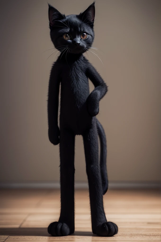 A black kitten standing (how a human is) em formato de cartoon