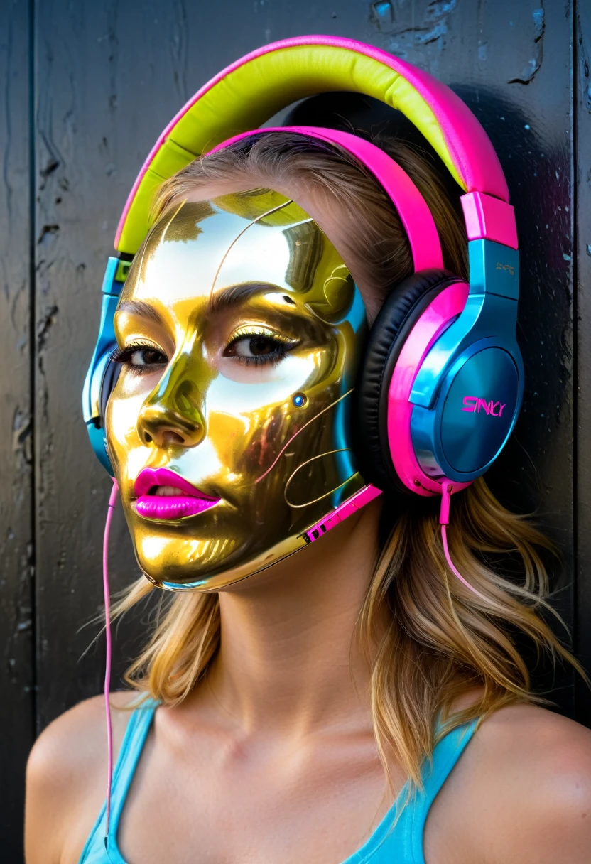 duck mask face in solid gold and reflecting sunlight, She wears neon pink and blue headphones, sinistra mask, looking to the down, she is hanging on a black metal wall, cyberpunkstyle