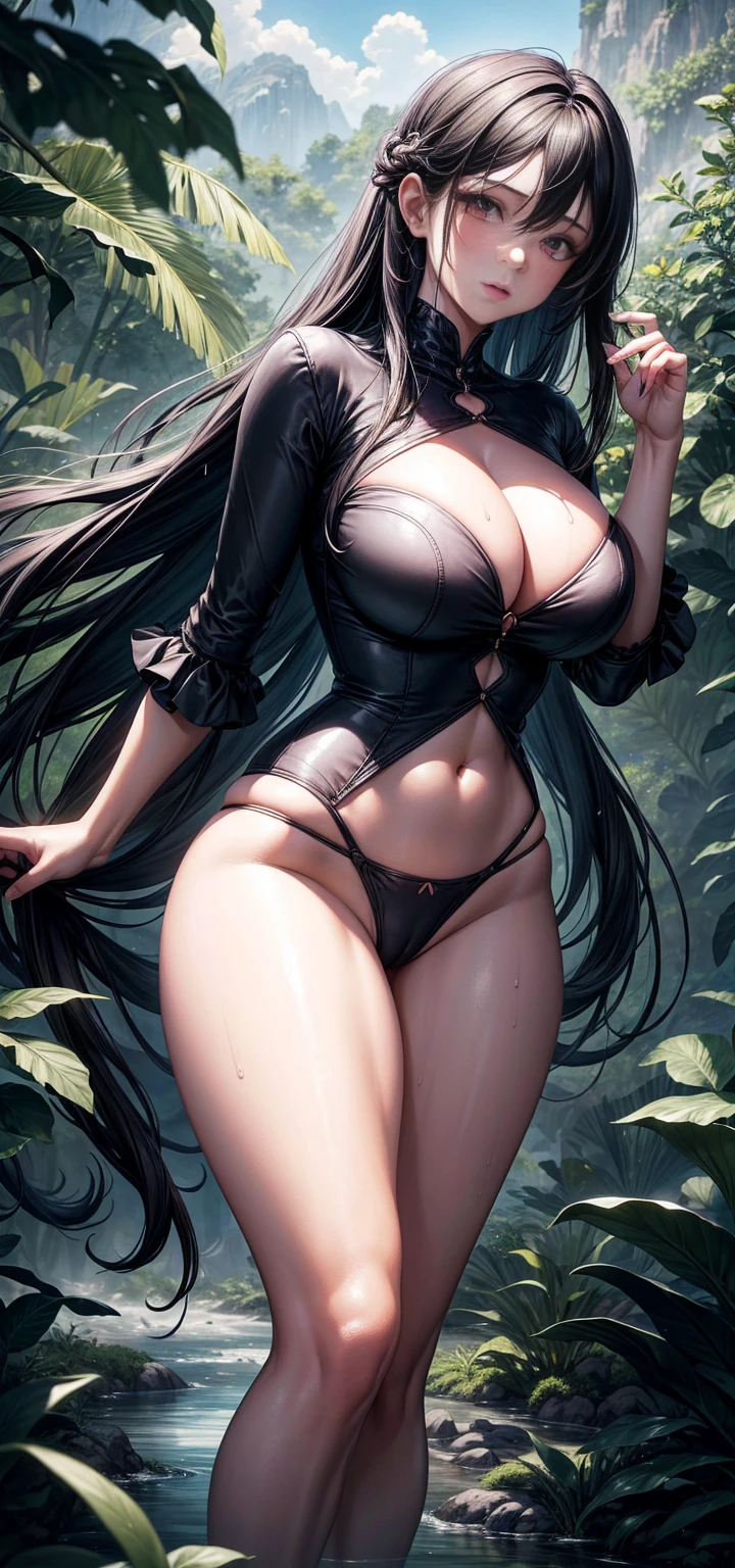 1female, vampire，big curvy bum, busty，super adorable，Big breasts Thin waist，long legs，curvy hips，Pornographic exposure, cameltoe， solo，（Background with：hilltop，the rainforest，in summer，Standing water on the ground，exteriors） Feel free to hairstyle，Stride，Sweat profusely，drenched all over the body，seen from the front，Long black hair ， mostly cloudy sky，（（（masterpiece），（Very detailed CG unity 8K wallpaper），best qualtiy，cinmatic lighting，detailed back ground，beatiful detailed eyes，Bright pupils，（Very fine and beautiful），（Beautiful and detailed eye description），ultra - detailed，tmasterpiece，）），facing at camera，A high resolution，ultra - detailed）nakeness，sheer lowleg panties，revealing breasts，Bare genitals， Bulge，Cameltoe，Raised sexy，Lewd expression，Flushed complexion,（Wearing：sheer lowleg panties）