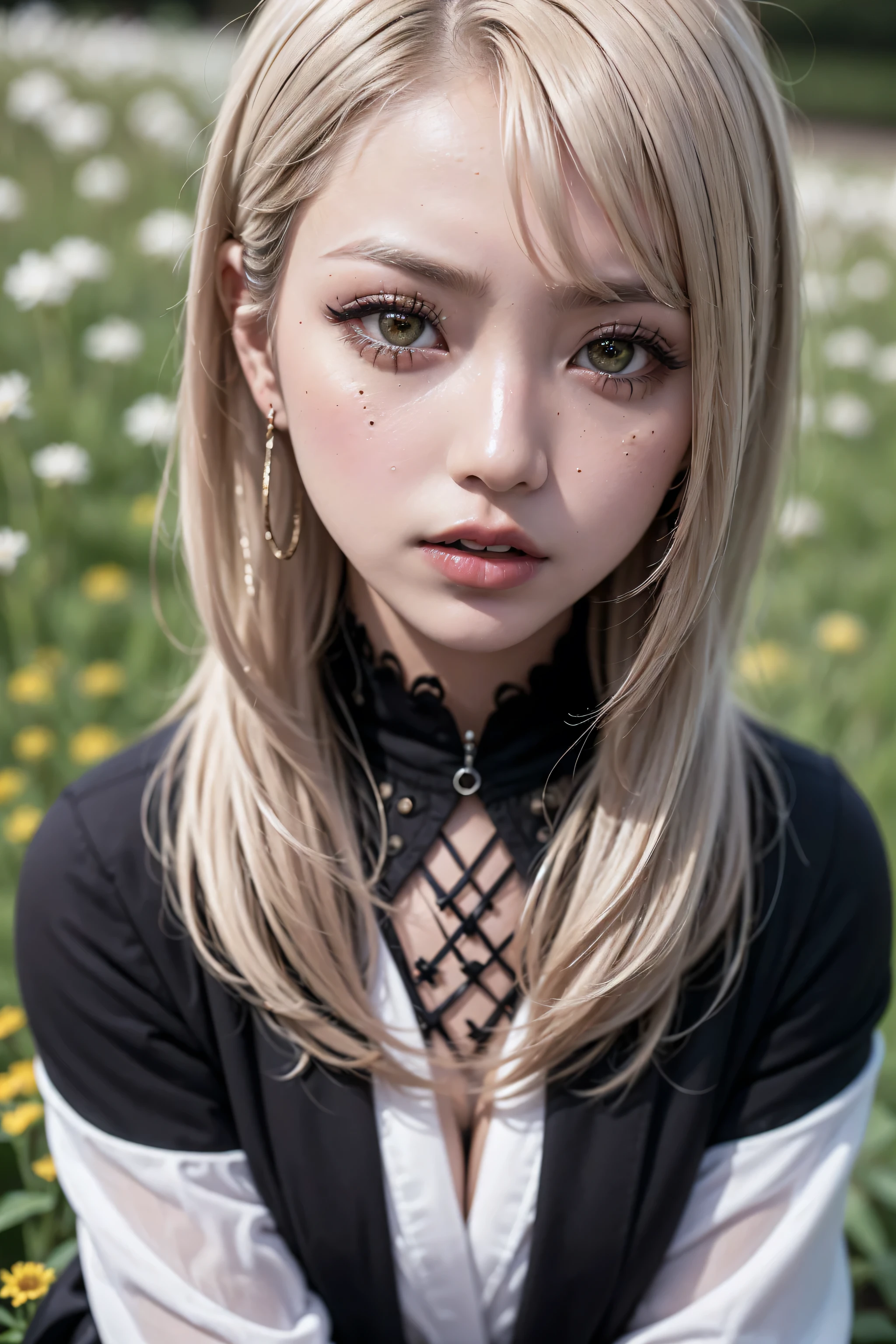 ((Make your subject look three-dimensional with the contrast of light and shadow)). photorealistic Realism 16K Quality: ((ultra absurd details quality realistic texture skin)), Photorealistic photo (portrait) a cute Japanese, 16 years old, Upper body photo, Looks sleepy, inattention, Open your mouth, (Hyper details realistic brown_eyes:1.25), ((finely details pupils:1.3)), Perfect makeup, ((detailed symmetrical lips:1.3)), ((V-line jaw)), pink_lipstick:1.3, (Hyper details eyelashes), (perfect dark_eyeshadows:1.25), (Detailed nose:1.2), (perfect composition), Orange Cheek, (White brown straight hair, Long Hair, middle part:1.3), (Hidden eyelid wrinkles:1.3), (The blazer he is wearing is dark green and has a gothic design.:1.28), (The subject was photographed from above at an angle:1.3), (Flower Field:1.3), (Face close-up:1.38)