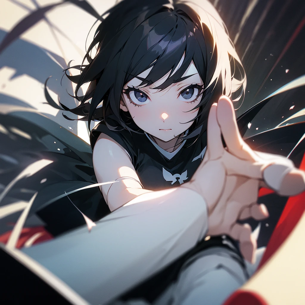 Vignette effect, Anime girl, white skin, black hair, black eyes, comic effect, extending hands to camera