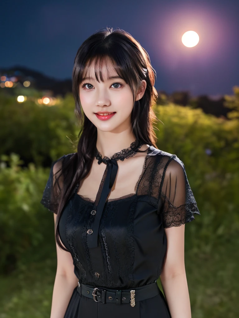 (a gorgeous japanese lady, Age 18, wearing a translucent black fashion dress, natural pose under night sky, soft natural moonlight shines, slender figure with ample round bosom, fair skin, beautiful detailed face, detailed eyes, alluring smile, aegyo dimples, kawaii snaggle-tooth,(best quality,8K,highres,masterpiece:1.2),ultra-detailed,(realistic,photorealistic,photo-realistic:1.37),HDR,uhd,vivid colors,studio lighting,extremely detailed,professional, high camera angle, head to thighs, camera focused on bosom, bokeh night background)