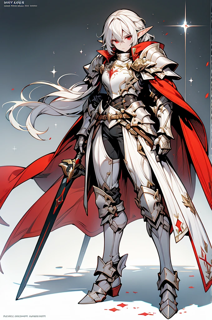 male elf knight, full body art, silver hair, white skin, red iris eye, knight full plate adorned armor, silver cape, perfectly detailed