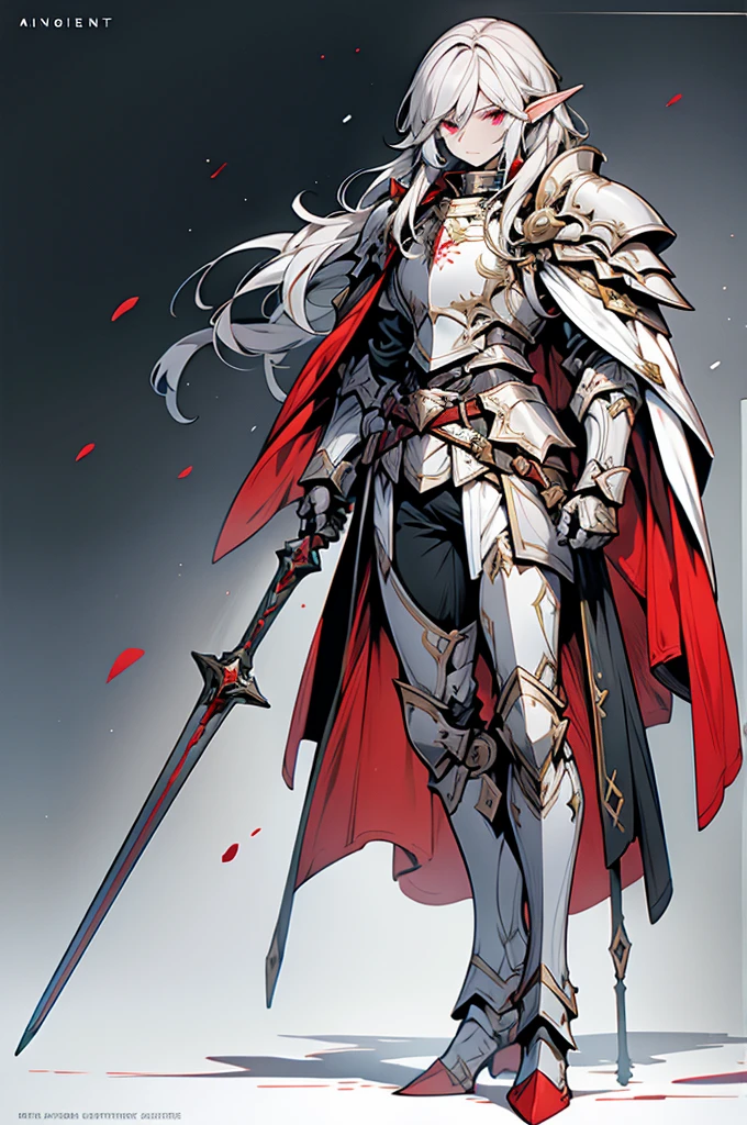 male elf knight, full body art, silver hair, white skin, red iris eye, knight full plate adorned armor, silver cape, perfectly detailed