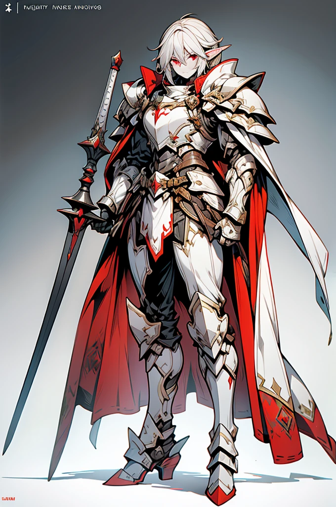 male elf knight, full body art, silver hair, white skin, red iris eye, knight full plate adorned armor, silver cape, perfectly detailed