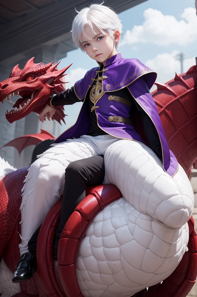 A boy with white hair and violet eyes riding a red dragon, Meleys from the house of the dragon.