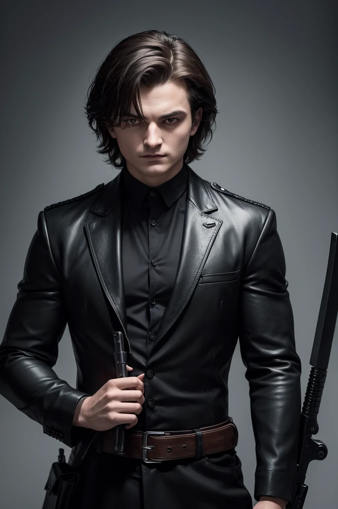 Imagine Joe Keery as a witch hunter, dressed in sleek black clothes that fit him snugly. He carries an assortment of guns and knives strapped to his belt and across his chest, each weapon polished and deadly. His stance is confident and focused, with piercing eyes scanning the surroundings for any sign of supernatural threat. His hair is styled in a rugged manner, adding to his determined and rugged appearance as a formidable witch hunter.