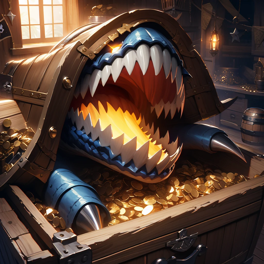 In the pirate's hideout, a treasure chest-shaped mimic opens its mouth wide, baring its sharp fangs. Glowing eyes glow in the dark, and realistic wooden textures and metal decorations. In the background, moonlight shines through, revealing pirate flags and scattered treasure.