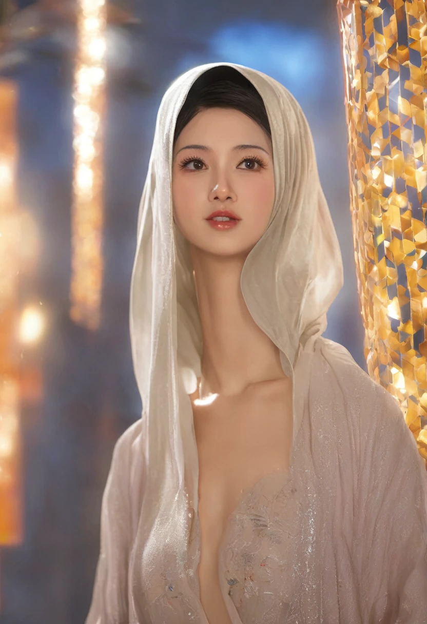 8k, hyper resolution, extremely detailed, A highly detailed, full body 3D rendering of a realistic naked chinese young girl and only wearing a hijab with accurate face and wearing g-string. She is nude and standing confidently showing sexy body, club bar party background, drawing attention to its cheerful and elegant appearance. Her skin is smooth, naturally glowing and healthy, and her eyes are bright and expressive. The overall style is a mix of realism and a hint of cartoon features, giving it a lively look. use soft photography lighting