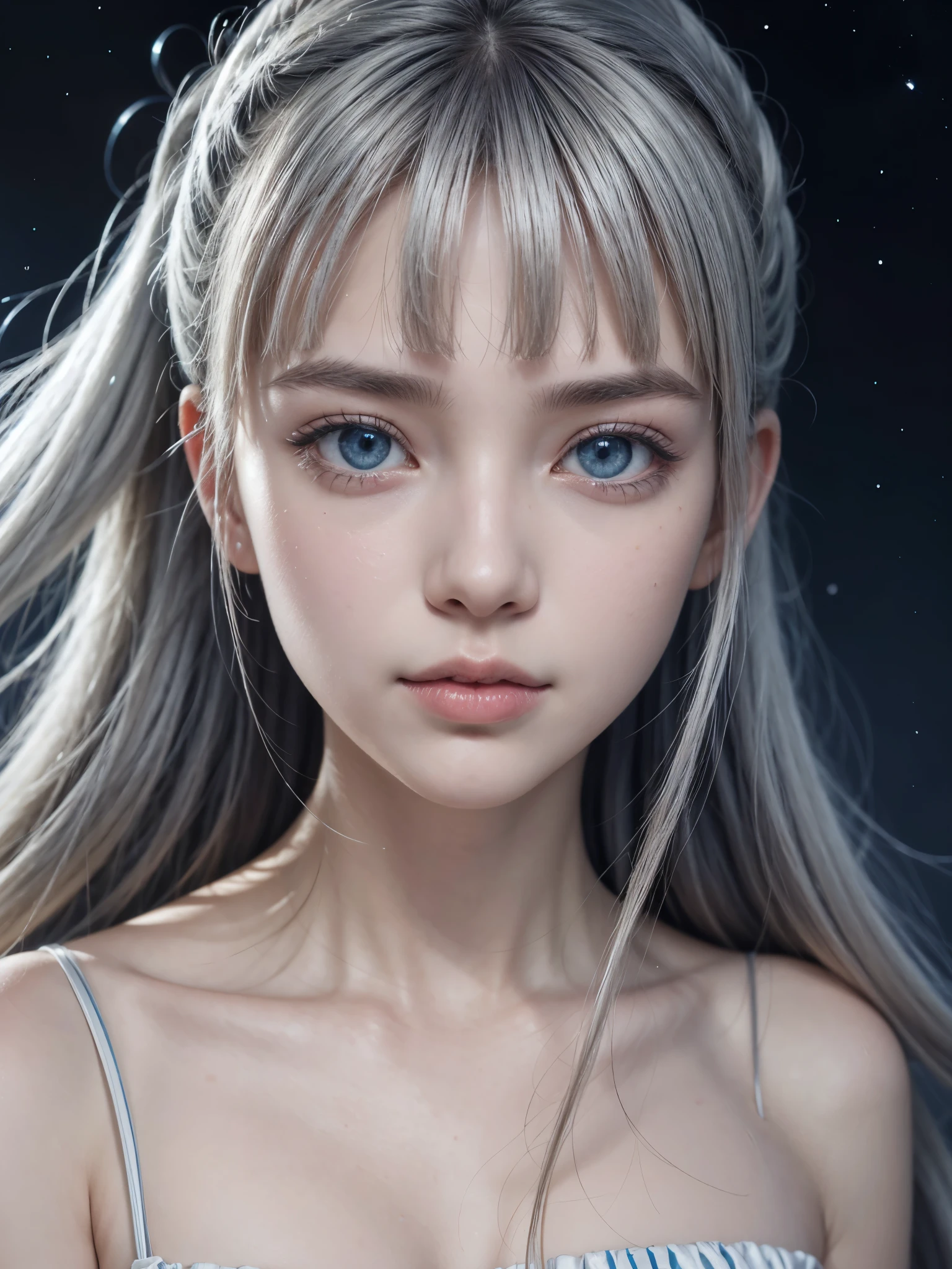 solo,front view,looking at viewer,upperbody,white color hair,(up long ponytail),tsurime,blue clear eyes,(blunt bangs),(Sparkling white aurora dress)、(Fitted dresses)、Thick lips、slender、Attractive facial expression、Eyelashes、Sister's face、grin, blonde hair, white hair, rainbow background, girlish, blackpink jennie.