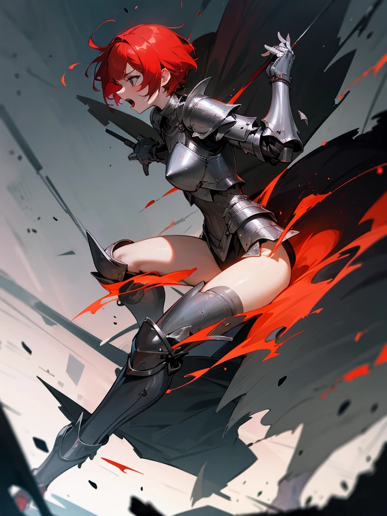Red-haired girl with short hair wearing partially destroyed silver full-body armor, while screaming wounded wielding a red magic-infused battlefield on a ruined battlefield