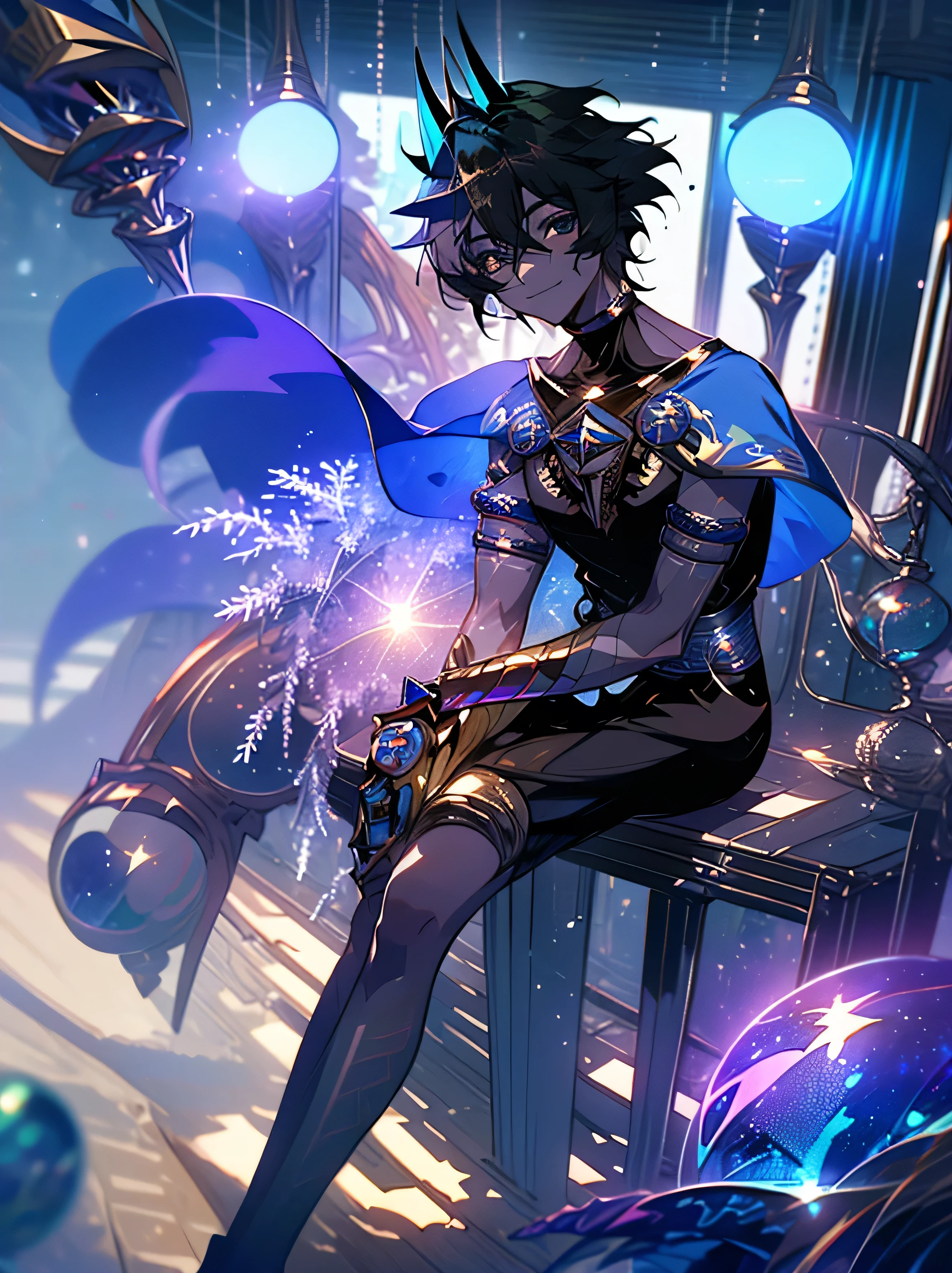 ((absurdres)), hd, uhd, (((HDR))), ((best quality)), (ultra high quality), (hi-res), ((1boy)), solo, alone, (arjuna alter (fate)), arjuna alter - third ascen (fate):1.3), ((short black hair)), ((black shirt, sleeveless, blue capelet, neck ring, jewelry, armlet, golden gauntlets, white gloves, tattoo, short blue horns)), perfect body, perfect anatomy, long legs, pants, (((thigh gap))), (smile), cute, facing viewer, sitting, ((dynamic)), one leg behind, medieval city, outside, buildings, cobblestone sidewalk, daytime, additional lighting, sunlight on face, noon, bright, bright sun, city scenery,