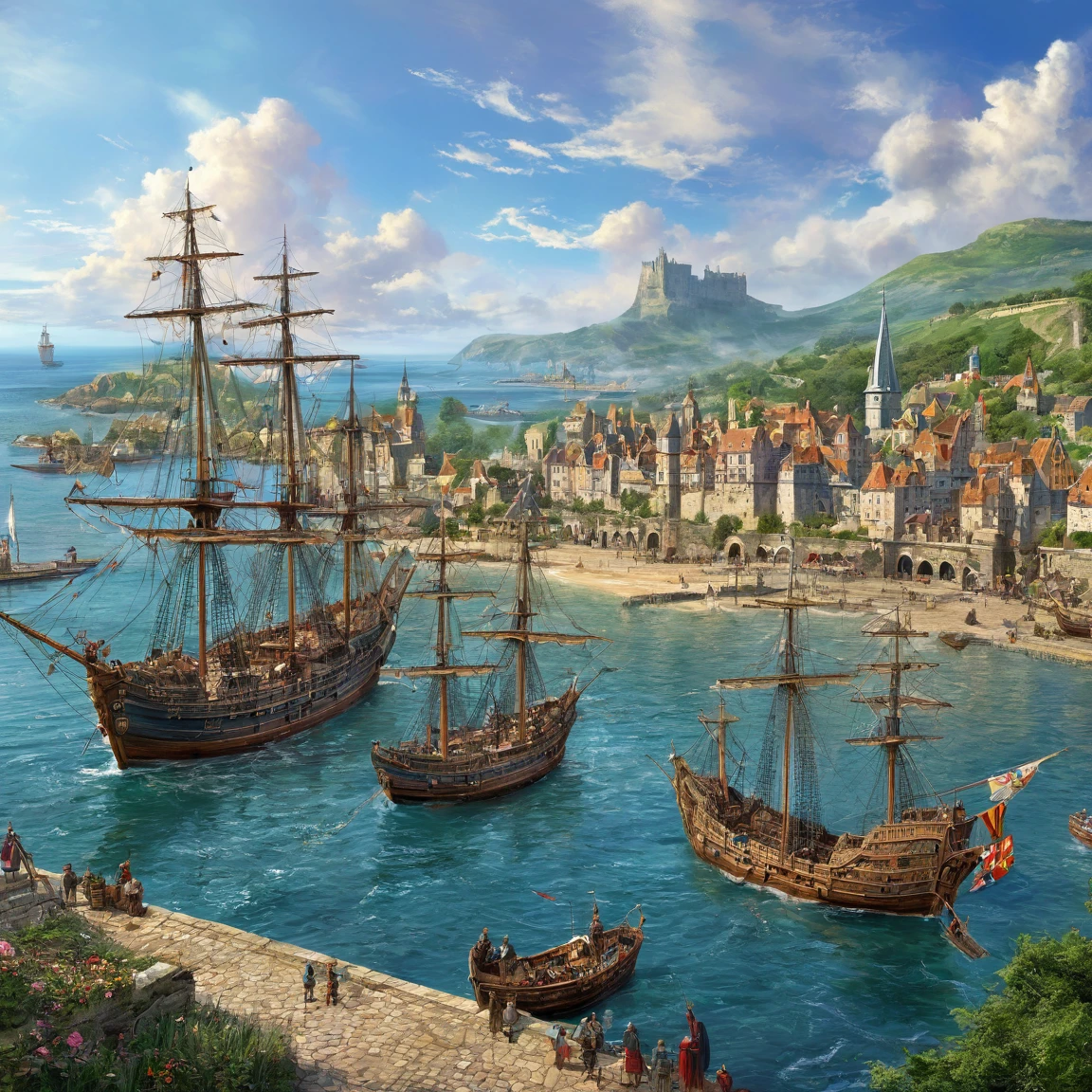 (best quality)), ((masterpiece)), ((realistic,digital art)), (super detailed), (giganstesque port de comMorece avec de nombreux quais), (medieval style), vast zone of which, ocean, More, ships sailing out to sea