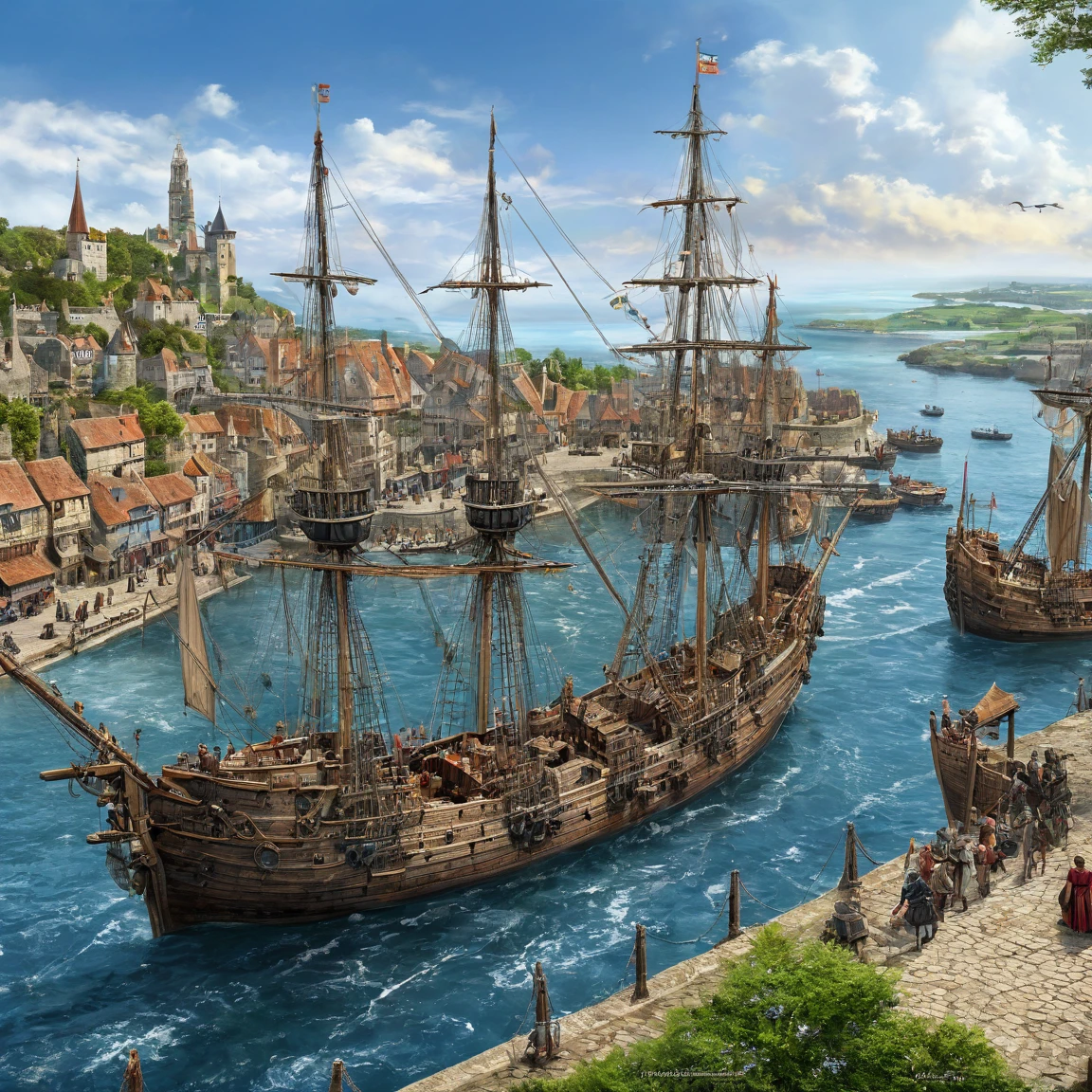 (best quality)), ((masterpiece)), ((realistic,digital art)), (super detailed), (giganstesque port de comMorece avec de nombreux quais), (medieval style), vast zone of which, ocean, More, ships sailing out to sea