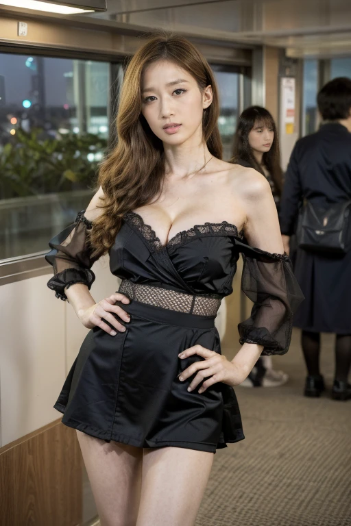 high resolution, best quality, Original Photography, Super Detail, (Delicate face), (((Delicate eyes))) ,blonde,On a Japanese train, Long-range shooting,(((Two people standing:1.2))),Korean female star,fashion model,camping,Complex fashion clothing,Sexy style,Huge cleavage,Glamorous_Full set of clothing, flow_skirt, Long legs,elegant_Jewelry, complex_decorate, Tokyo night view from the car window