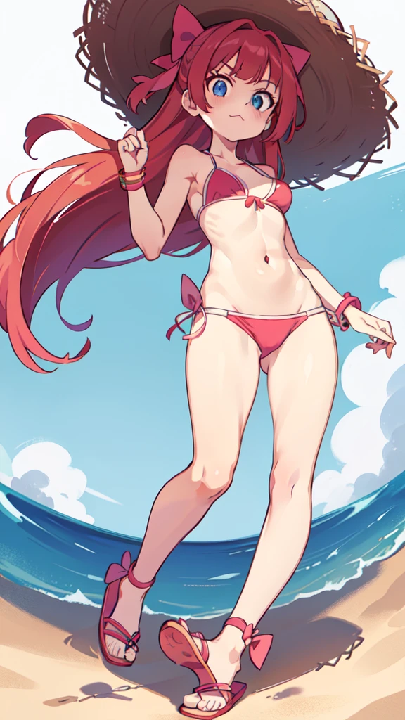 1 girl, red hair, Knight bangs hairstyle, long ponytail, anime style, medium breasts, blue eyes, ((bright pink bikini Bandeau with bow in the center, side bows at the bottom, Sunglasses and wide-brimmed hat, flip flops)), high quality, detailed body, detailed eyes, detailed face, masterpiece, glistening body, detailed body fur, best quality, pale skin, perfect lighting, perfect shadows, perfect eyes, perfect hair, perfect face, gorgeous body, skinny, solo, :3, full body, 